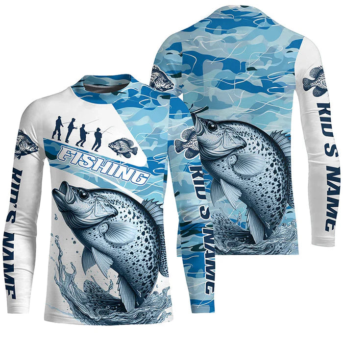 Crappie Fishing Custom Kid Long Sleeve Tournament Shirts, Blue Camo Crappie Fishing Jersey For Fisherman IPHW6320