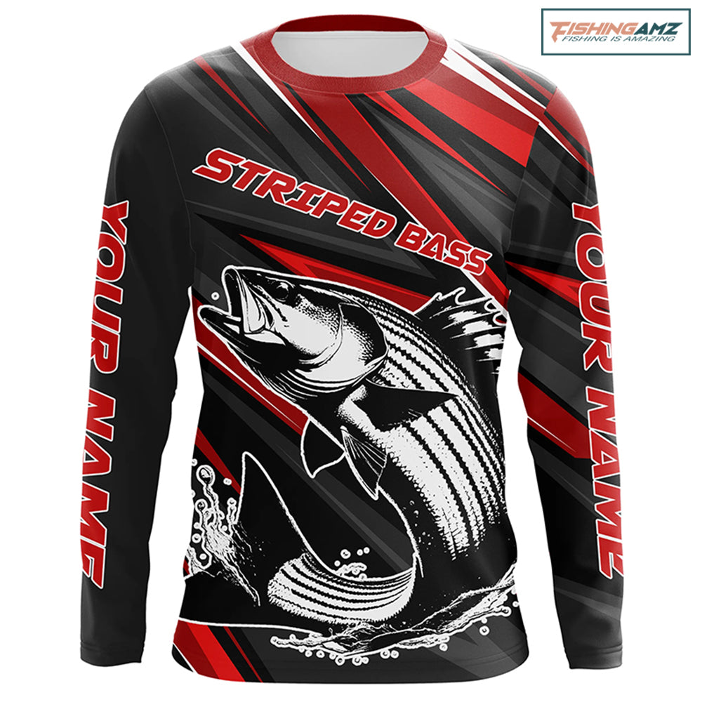 Black And Red Striped Bass Fishing Jerseys, Custom Striper Long Sleeve Performance Fishing Shirts IPHW6897