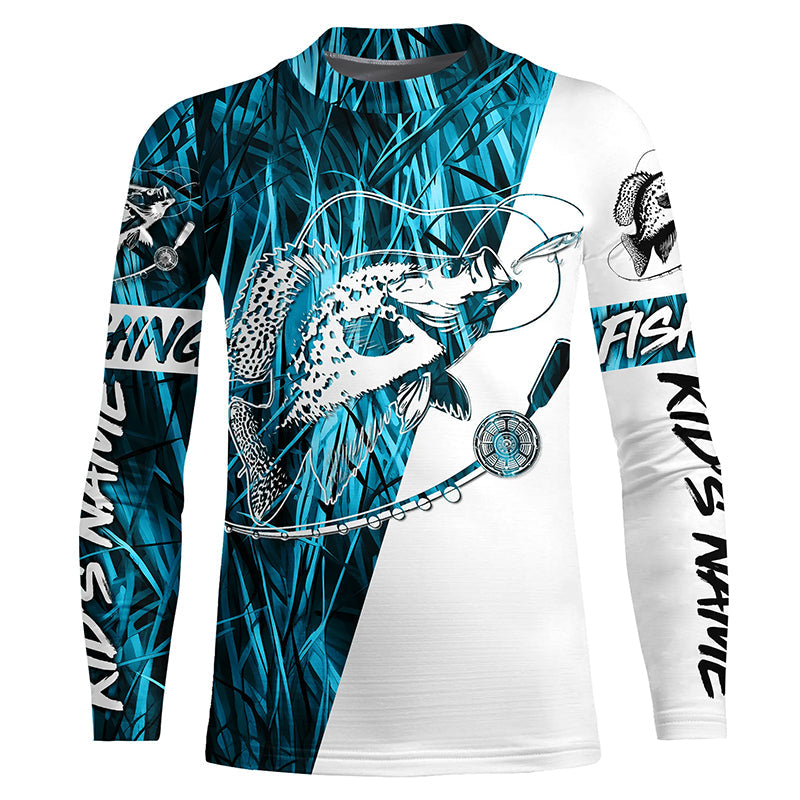 Custom Crappie Fishing Tattoo Long Sleeve Shirts, Blue Grass Camo Crappie Fishing Jerseys IPHW6347