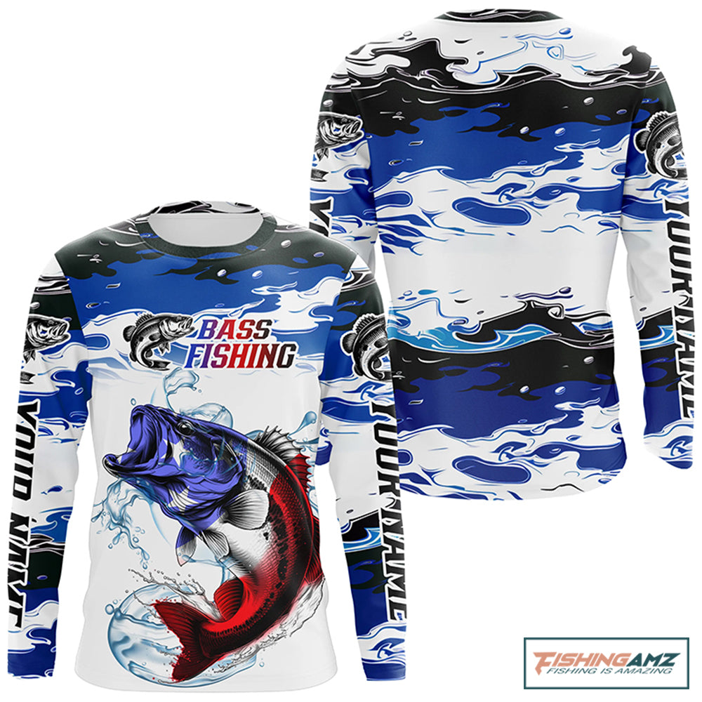 Custom Patriotic Bass Fishing Camo Jerseys, American Flag Bass Long Sleeve Fishing Shirts IPHW6051