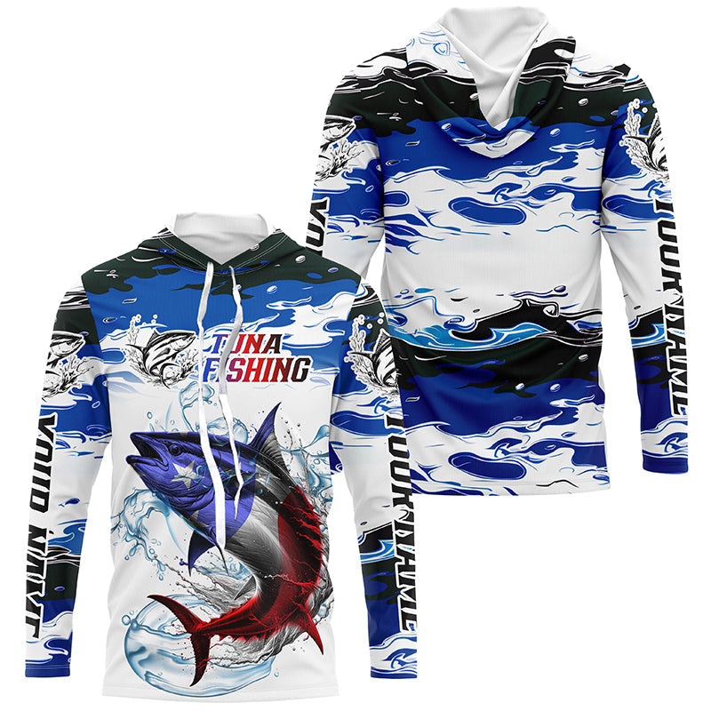 Custom Patriotic Tuna Fishing Camo Jerseys, American Flag Tuna Long Sleeve Saltwater Fishing Shirts IPHW6052