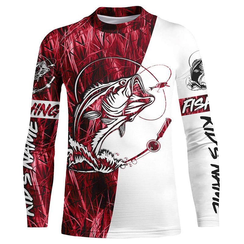 Custom Bass Fishing Tattoo Red Camo Long Sleeve Tournament Fishing Shirts, Bass Fishing Jerseys IPHW5766