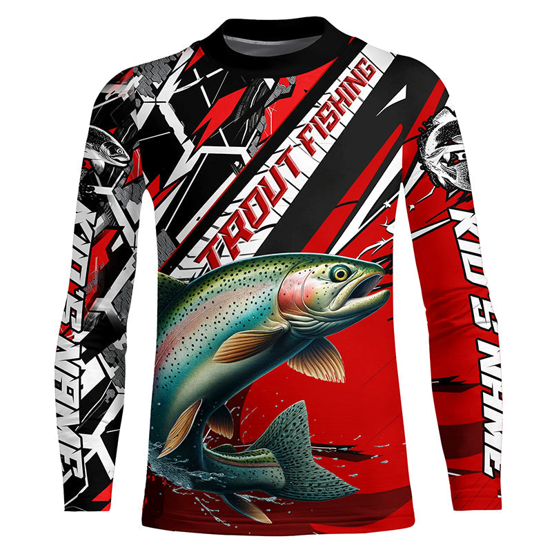 Personalized Rainbow Trout Fishing Jerseys, Trout Fly Fishing Shirts For Tournament| Black And Red IPHW6357