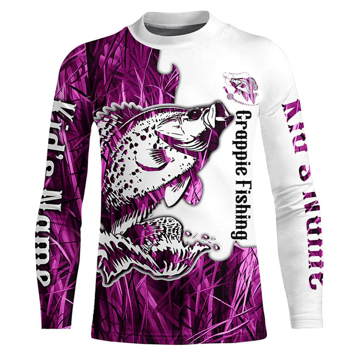 Custom Crappie Fishing Kid Long Sleeve Tournament Shirts, Crappie Fishing League Shirt | Pink Camo IPHW6386