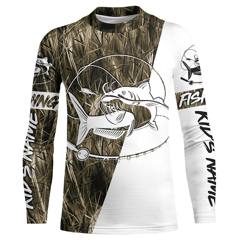 Catfish Fishing Grass Camo Custom Kid Long Sleeve Fishing Shirts, Catfish Tournament Fishing Jerseys IPHW5778