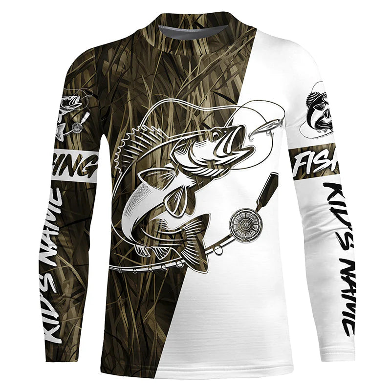 Walleye Fishing Grass Camo Custom Kid Long Sleeve Fishing Shirts, Walleye Tournament Fishing Jerseys IPHW6060