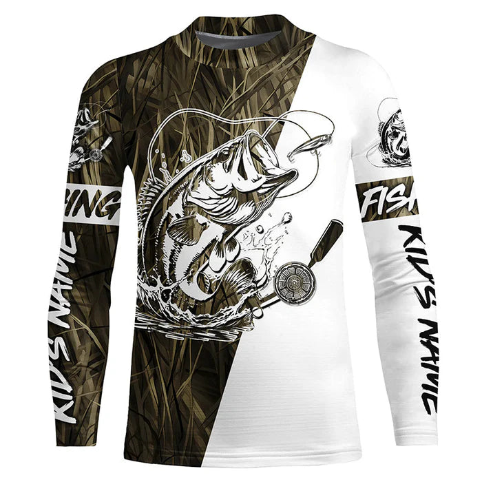 Custom Bass Fishing Tattoo Grass Camo Kid Long Sleeve Tournament Fishing Shirts, Bass Fishing Jerseys IPHW6077