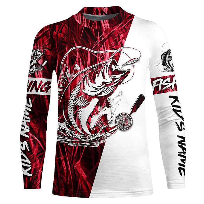 Custom Bass Fishing Tattoo Red Camo Kid Long Sleeve Tournament Fishing Shirts, Bass Fishing Jerseys IPHW6086