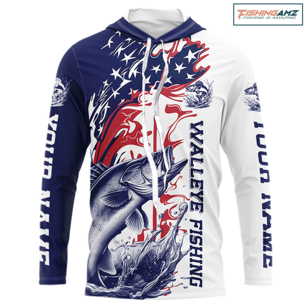 Custom Patriotic Walleye Long Sleeve Hooded Fishing Shirts, Red White And Blue Fishing Shirt IPHW9130