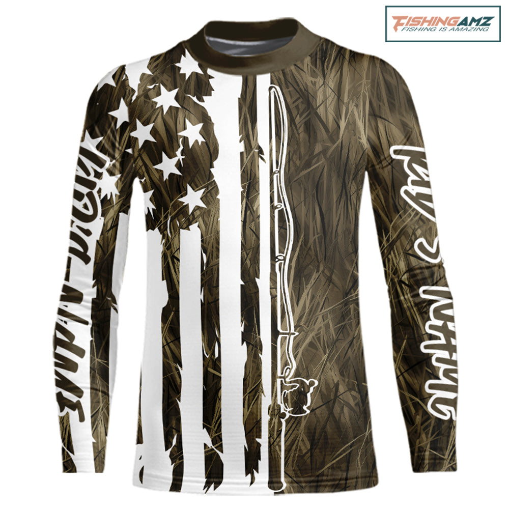 Custom US Fishing Rod Grass Camo Patriotic Kid Long Sleeve Fishing Shirts IPHW9135
