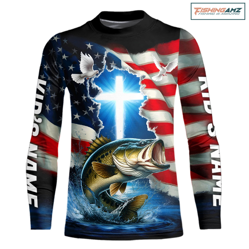 Custom Faith Largemouth Bass Patriotic Kid Long Sleeve Tournament Fishing Shirt, US Fishing Jerseys IPHW8176