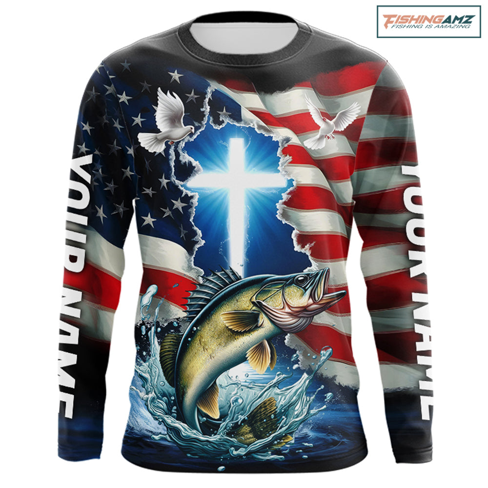 Custom Faith Walleye Patriotic Long Sleeve Tournament Fishing Shirt, US Fishing Jerseys IPHW8177