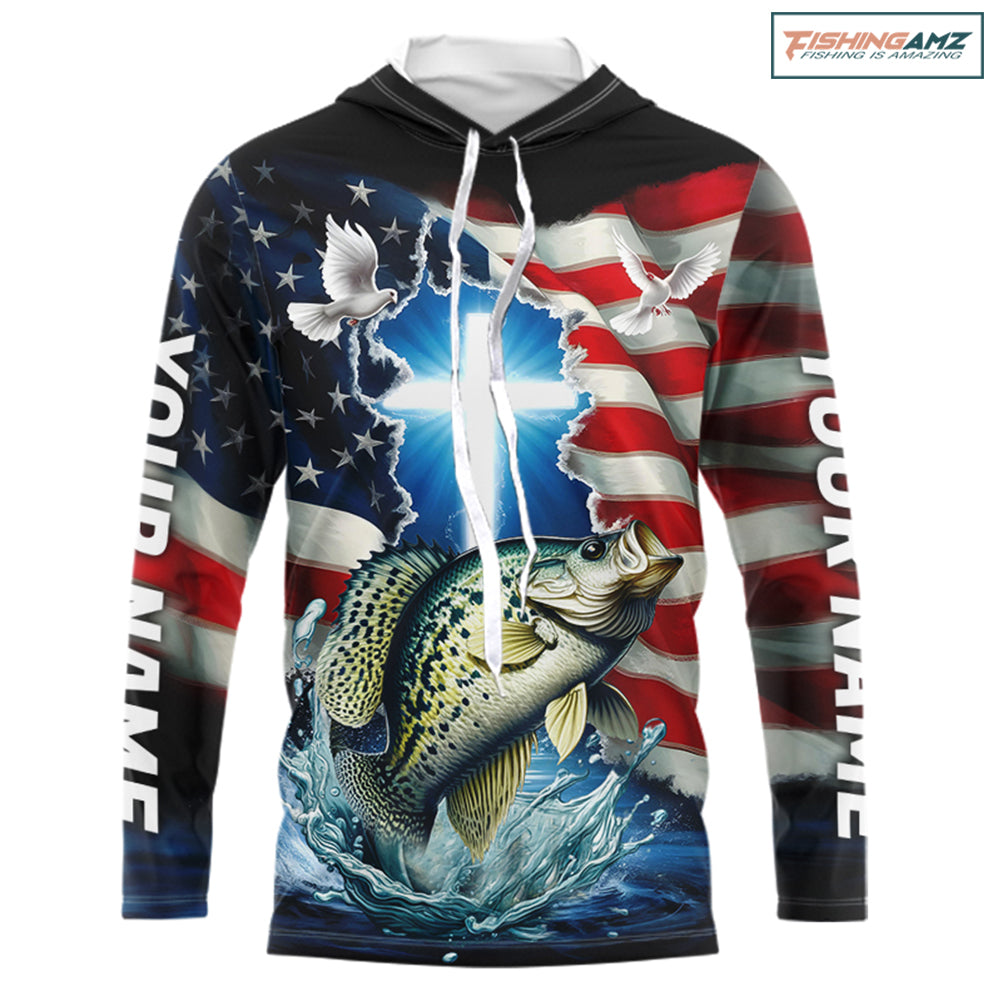 Custom Faith Crappie Patriotic Long Sleeve Hooded Tournament Fishing Shirt, US Fishing Jerseys IPHW8178