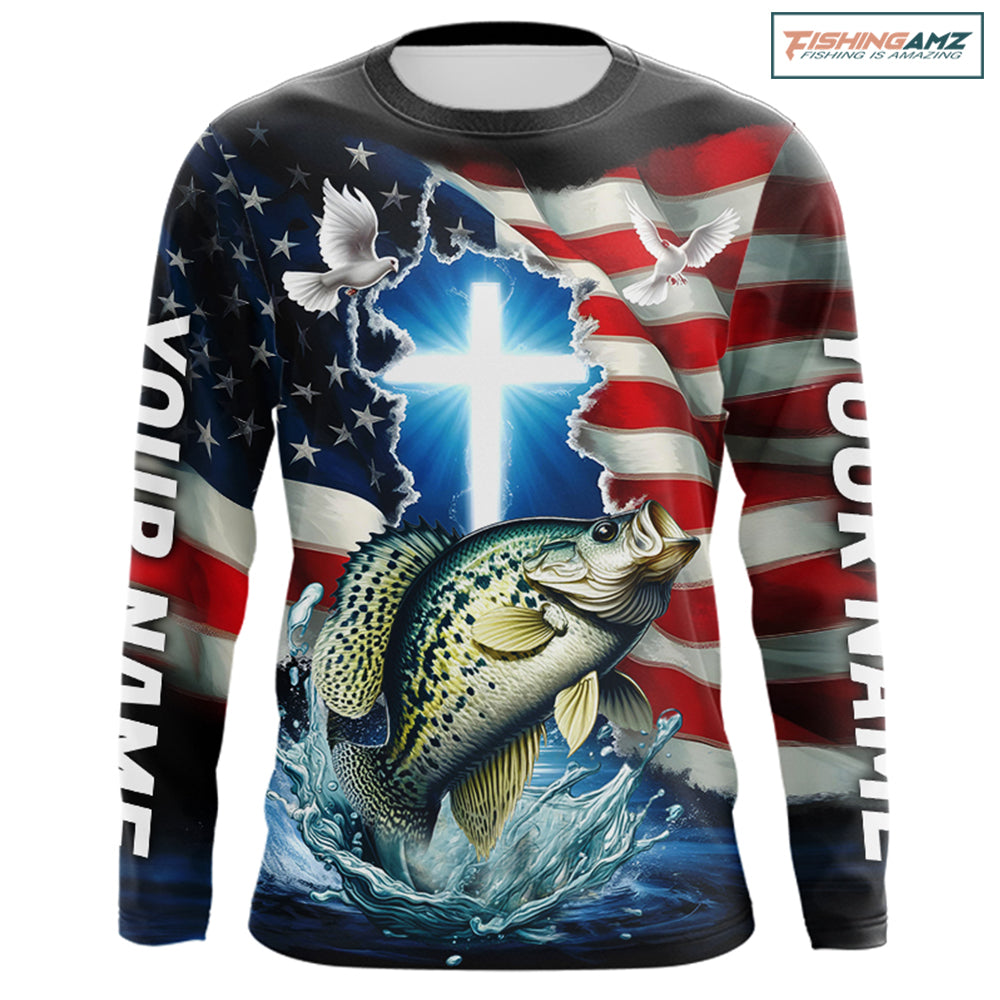 Custom Faith Crappie Patriotic Long Sleeve Tournament Fishing Shirt, US Fishing Jerseys IPHW8178