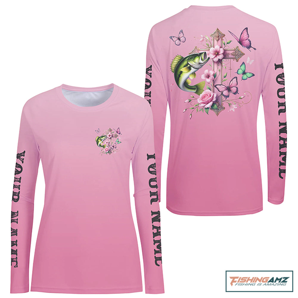 Pink Flower And Butterflies Custom Faith Largemouth Bass Long Sleeve Fishing Shirts For Women IPHW8182