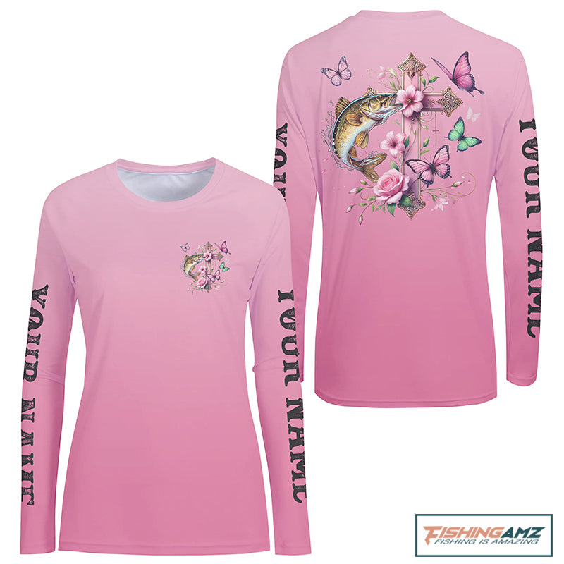 Pink Flower And Butterflies Custom Faith Walleye Long Sleeve Fishing Shirts For Women IPHW8183