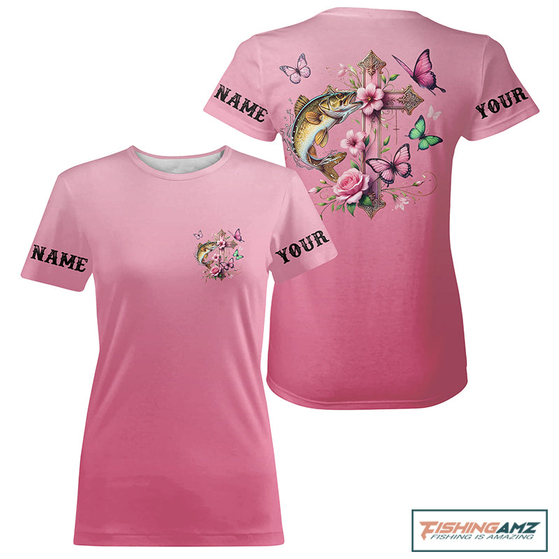 Pink Flower And Butterflies Custom Faith Walleye Fishing T-Shirts For Women IPHW8183