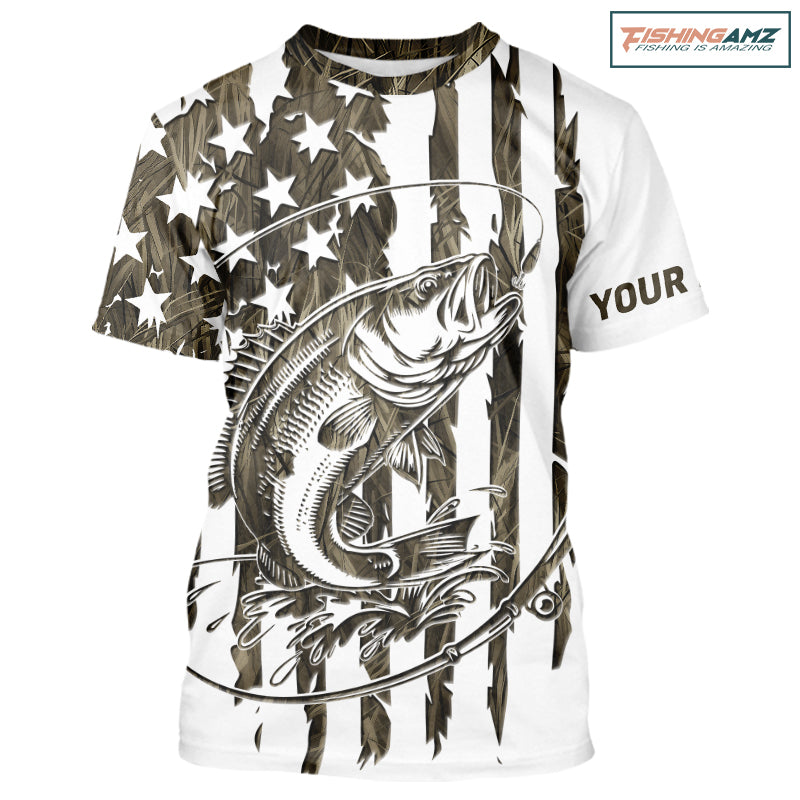 Custom Patrotic Largemouth Bass Camo Fishing T-Shirts, Bass US Fishing T-Shirt IPHW9145