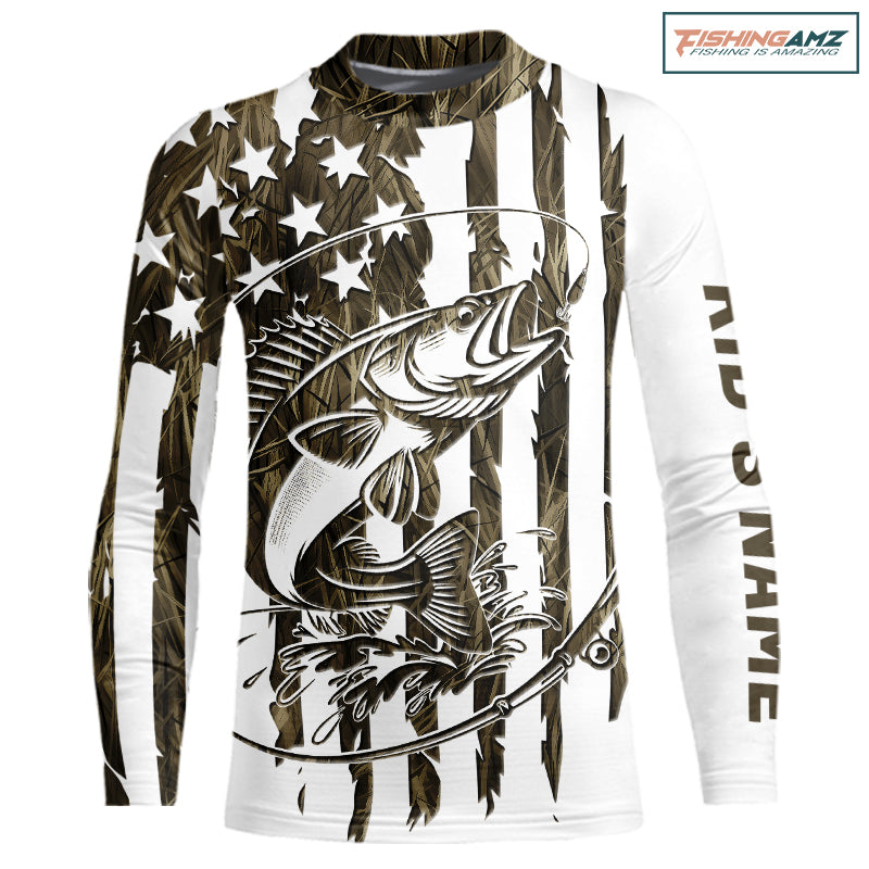 Custom Patrotic Walleye Kid Long Sleeve Camo Fishing Shirts, Walleye US Fishing Shirt IPHW9146