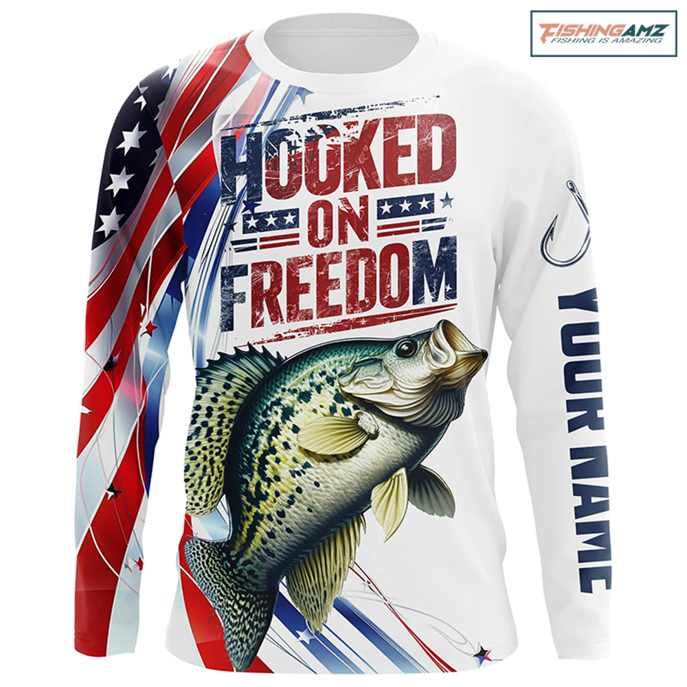 American Flag Crappie Fishing Custom Long Sleeve Fishing Shirts, Patriotic Crappie Fishing Jerseys IPHW6808