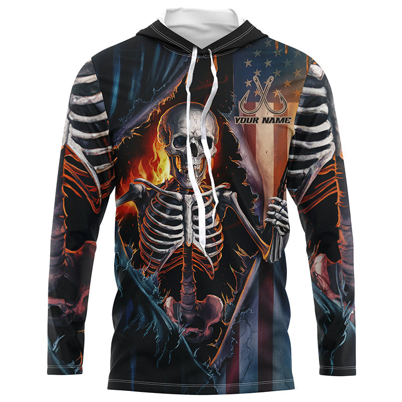 Custom American Flag Skull Long Sleeve Uv Protection Fishing Shirts, Patriotic Fishing Shirts IPHW6815
