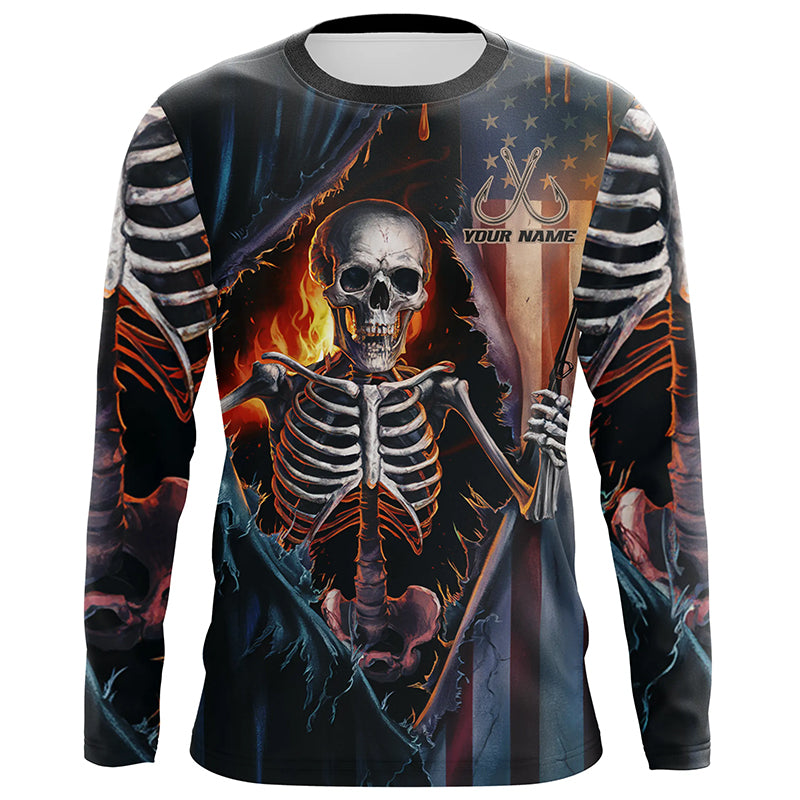 Custom American Flag Skull Long Sleeve Uv Protection Fishing Shirts, Patriotic Fishing Shirts IPHW6815