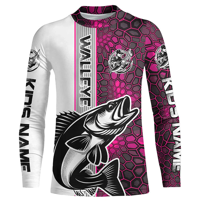 Kid Walleye Fishing Custom Grunge Long Sleeve Tournament Shirts, Walleye Fishing Jerseys | Pink Camo IPHW6638