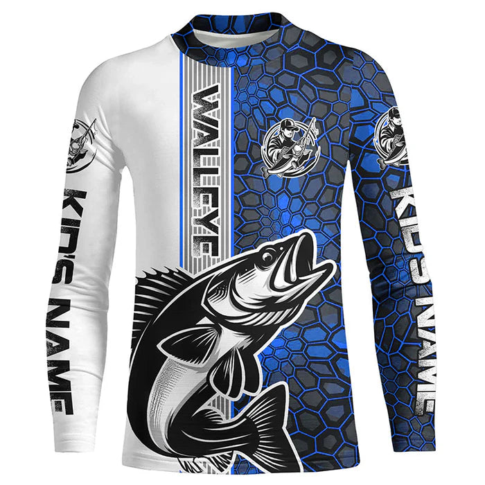 Walleye Fishing Custom Kid Long Sleeve Tournament Shirts, Walleye Fishing Jerseys | Water Blue Camo IPHW6639