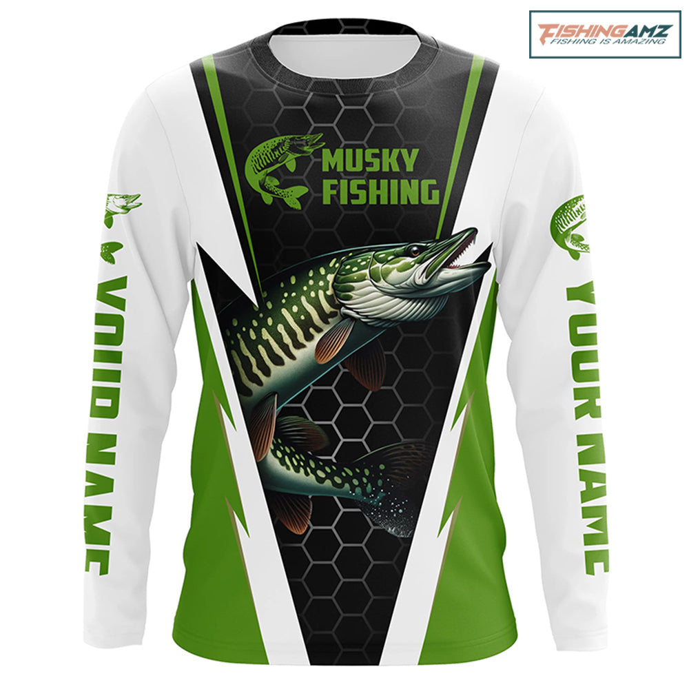 Personalized Musky Fishing Long Sleeve Tournament Fishing Shirts, Musky Fishing Jerseys |Green IPHW6142
