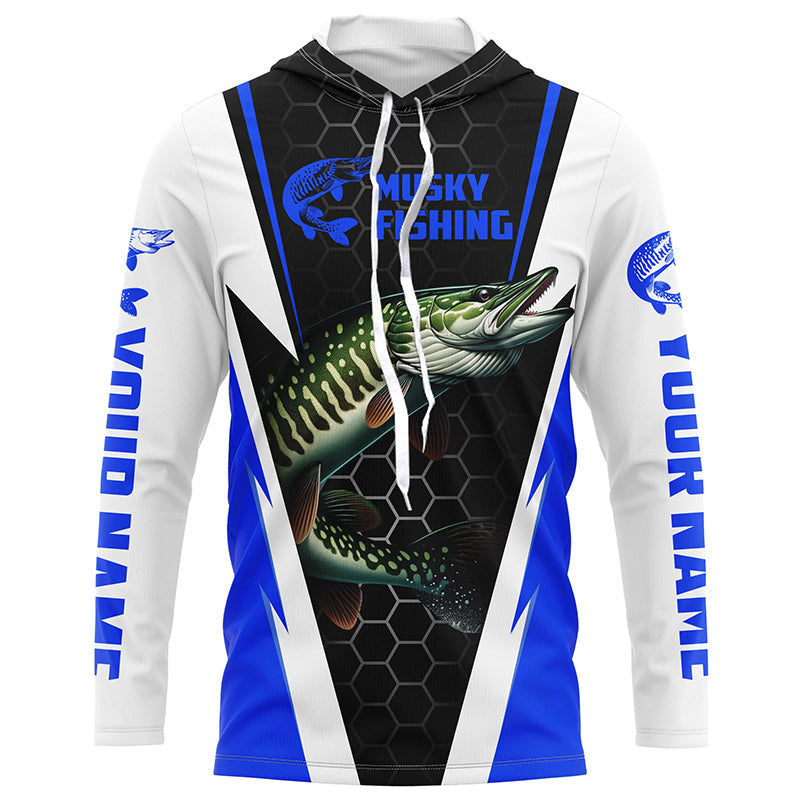 Personalized Musky Fishing Long Sleeve Tournament Fishing Shirts, Musky Fishing Jerseys |Blue IPHW6143
