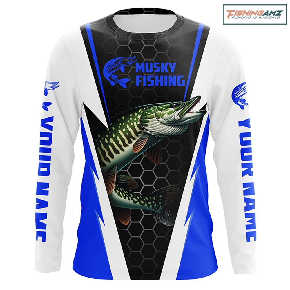 Personalized Musky Fishing Long Sleeve Tournament Fishing Shirts, Musky Fishing Jerseys |Blue IPHW6143