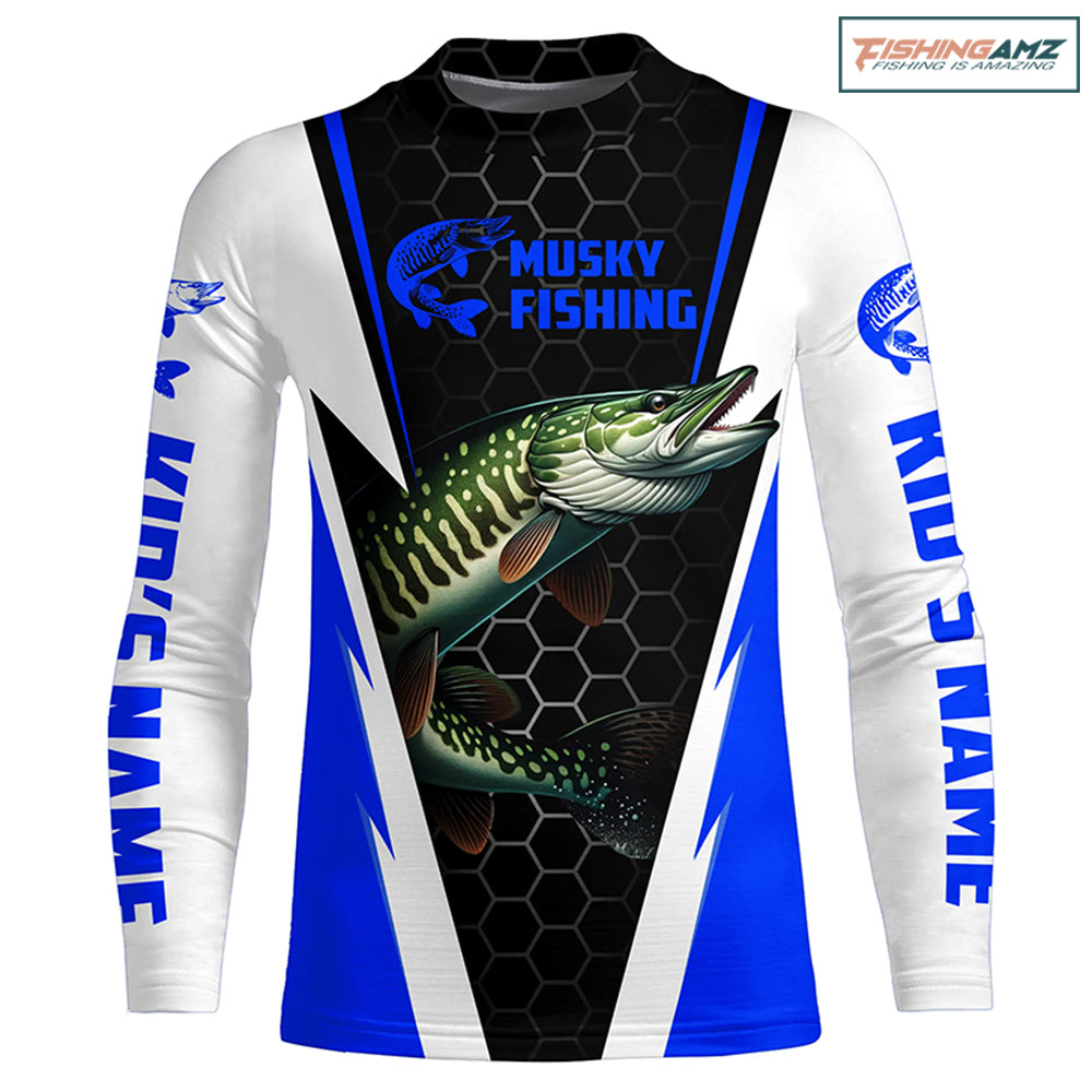 Youth Personalized Musky Fishing Kid Long Sleeve Tournament Fishing Shirts, Musky Fishing Jerseys |Blue IPHW6143
