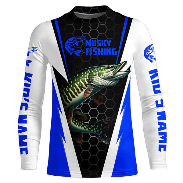 Youth Personalized Musky Fishing Kid Long Sleeve Tournament Fishing Shirts, Musky Fishing Jerseys |Blue IPHW6143