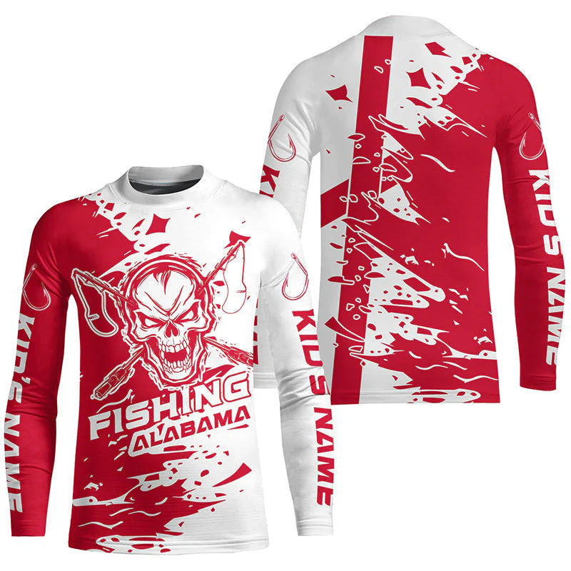 Alabama Fishing Custom Kid Long Sleeve Fishing Shirts, Alabama Flag Skull Fishing Jerseys IPHW7002
