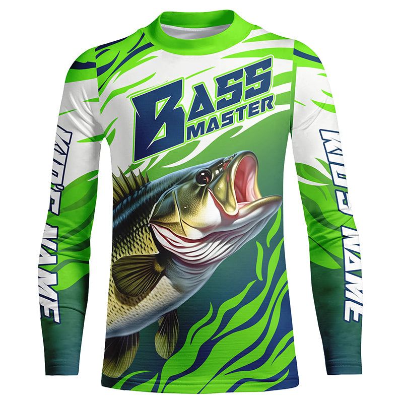 Personalized Bass master Fishing jerseys, Largemouth Bass Kid Long sleeve performance Fishing Shirts IPHW3356