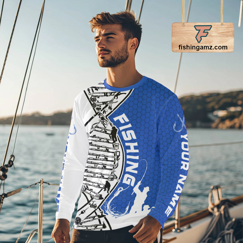 Custom Blue And White Fishing Tools Fishing DNA Long Sleeve Tournament Fishing Shirts IPHW9177