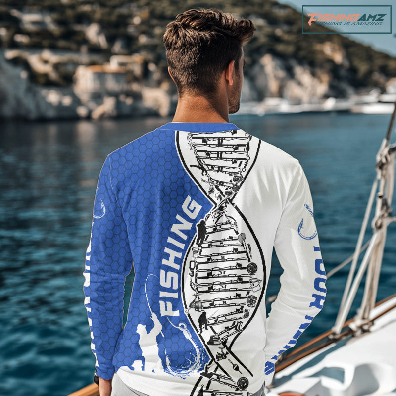 Custom Blue And White Fishing Tools Fishing DNA Long Sleeve Tournament Fishing Shirts IPHW9177
