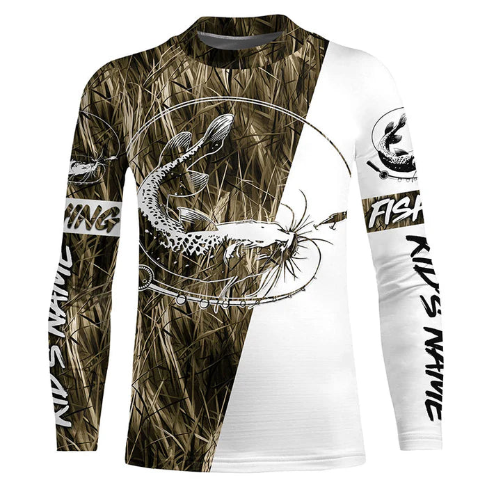 Catfish Fishing Tattoo Camo Custom Kid Long Sleeve Fishing Shirts, Catfish Tournament Fishing Jerseys IPHW6196