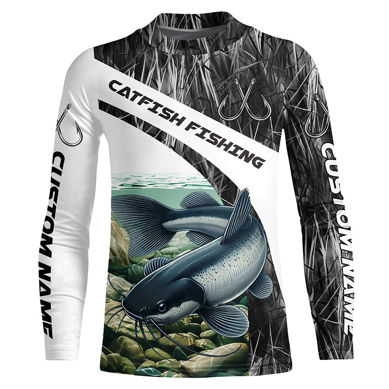 Gray Camo Custom Catfish Fishing Long Sleeve Fishing Shirts, Catfish Fishing Jerseys IPHW7016