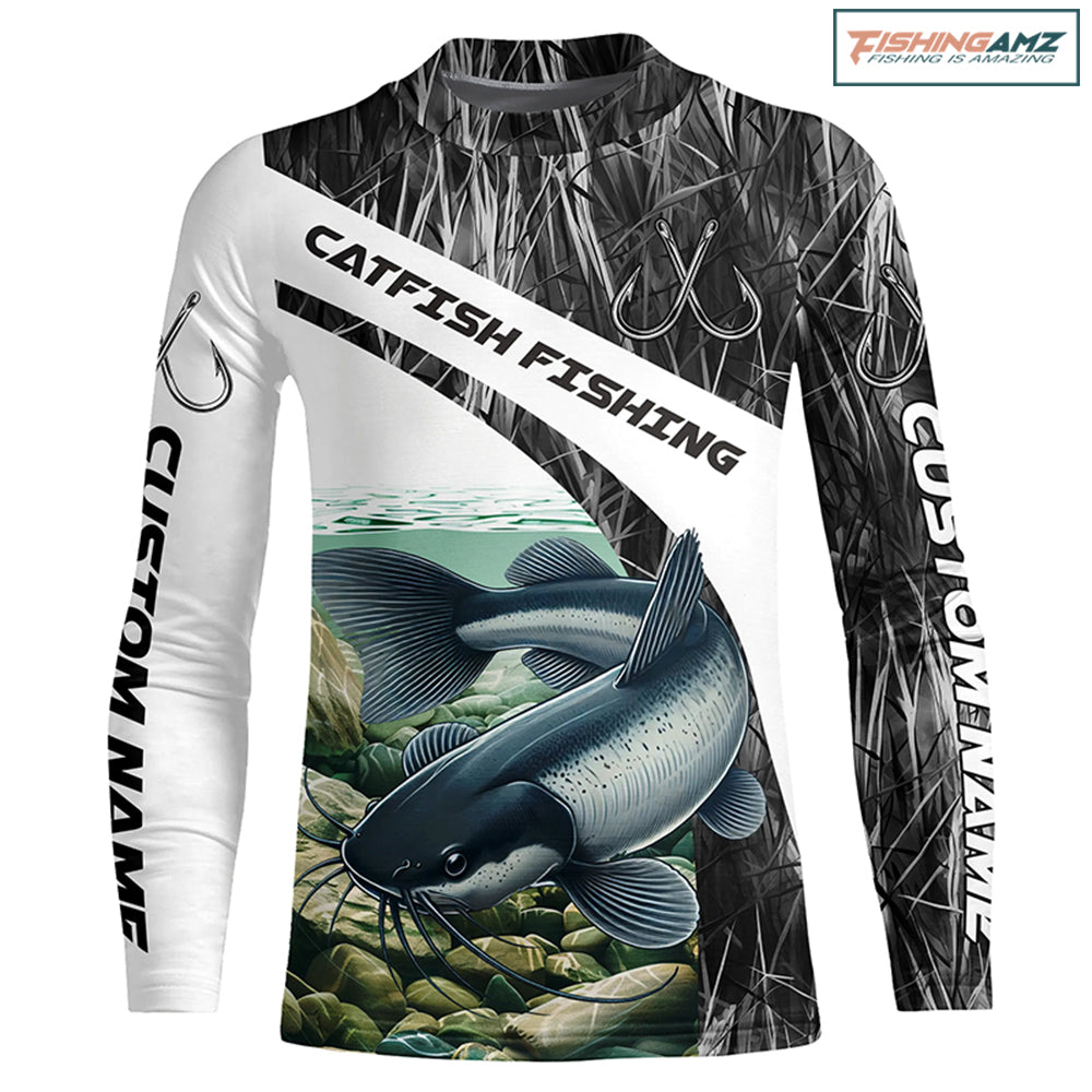 Gray Camo Custom Catfish Fishing Long Sleeve Fishing Shirts, Catfish Fishing Jerseys IPHW7016