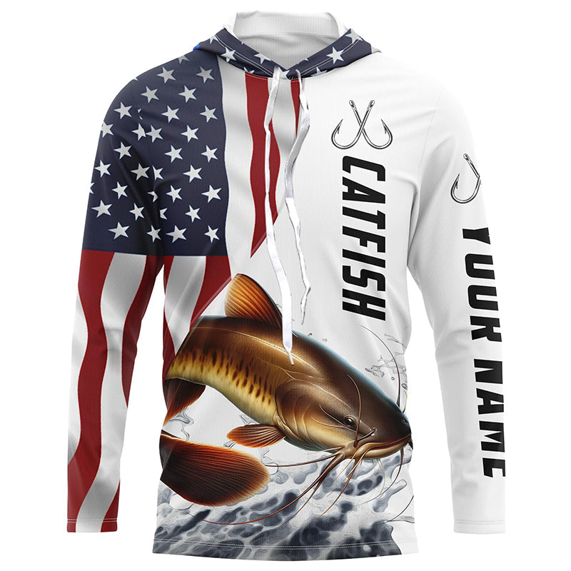 Catfish Fishing Custom Long Sleeve Fishing Shirts, American Flag Patriotic Catfish Fishing Shirt IPHW7017