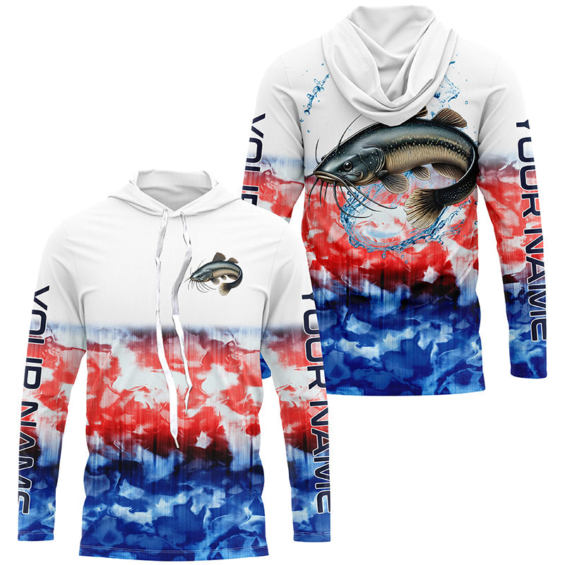 Red White And Blue Tie Dye Background Custom Patriotic Catfish Long Sleeve Fishing Shirts IPHW7019