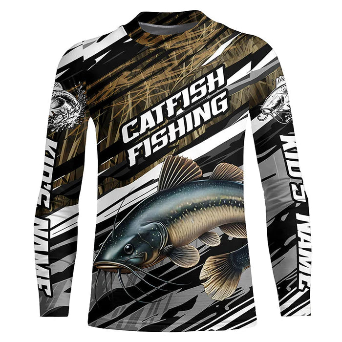 Catfish Fishing Custom Kid Long Sleeve Tournament Fishing Shirts, Catfish Fishing Jerseys Grass Camo IPHW7020