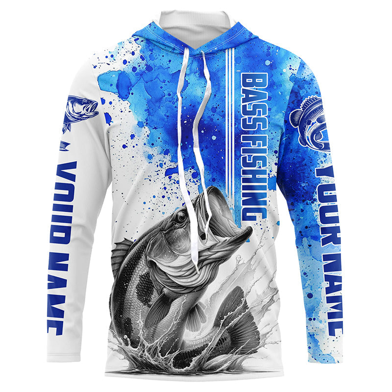 Bass Fishing Watercolor Custom Long Sleeve Performance Fishing Shirts, Bass Fishing Jerseys | Blue IPHW5806