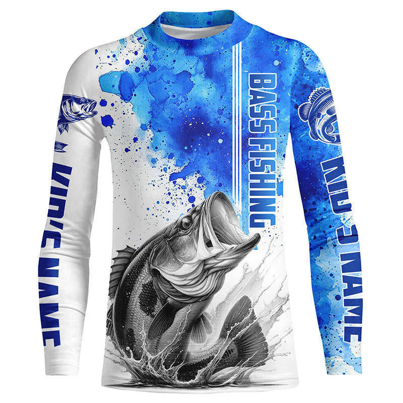 Bass Fishing Watercolor Custom Long Sleeve Performance Fishing Shirts, Bass Fishing Jerseys | Blue IPHW5806