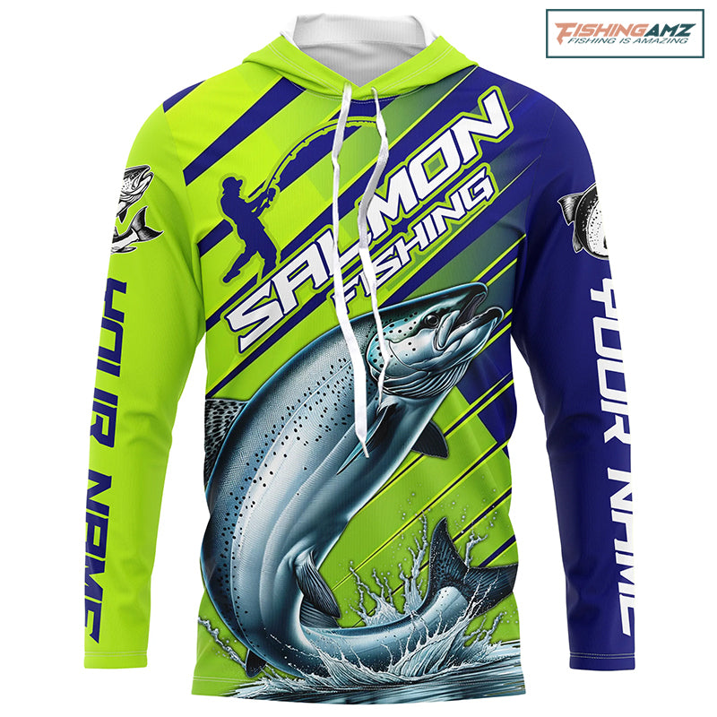 Chinook Salmon Custom Long Sleeve Fishing Shirts, Salmon Fisherman Fishing Jerseys | Green And Blue IPHW6209