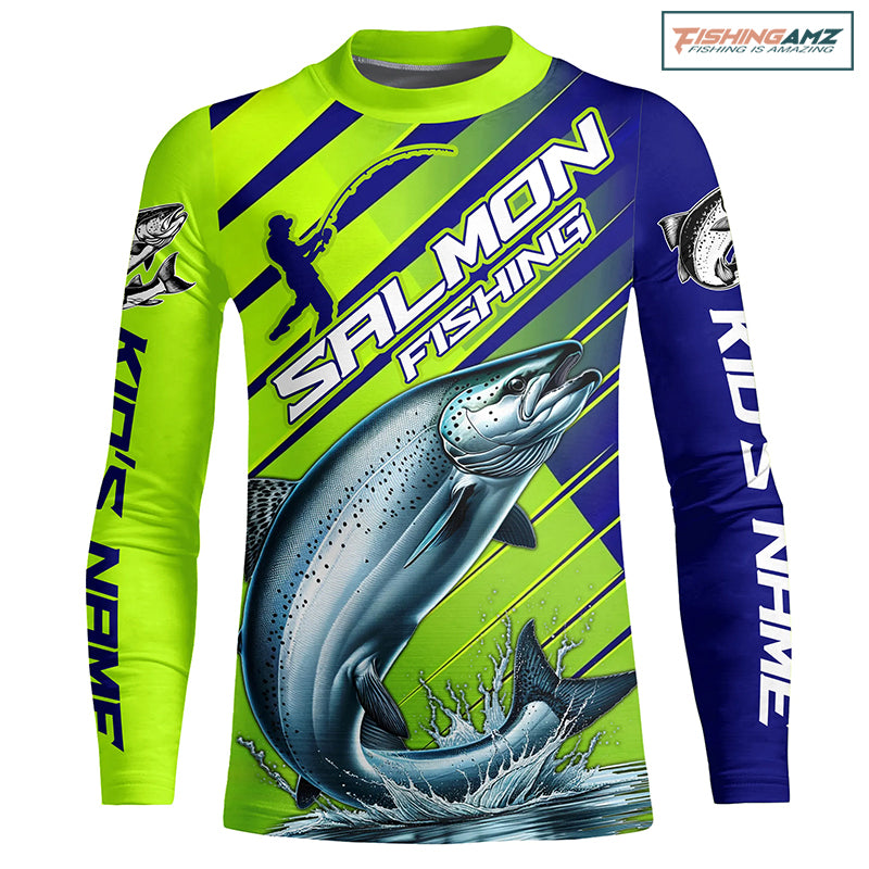 Chinook Salmon Custom Kid Long Sleeve Fishing Shirts, Salmon Fisherman Fishing Jerseys | Green And Blue IPHW6209