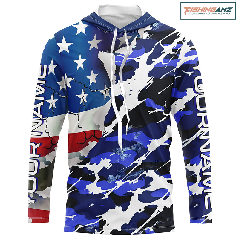Custom American Flag Blue Camo Long Sleeve Shirts, Patriotic Performance Fishing Shirts IPHW6535