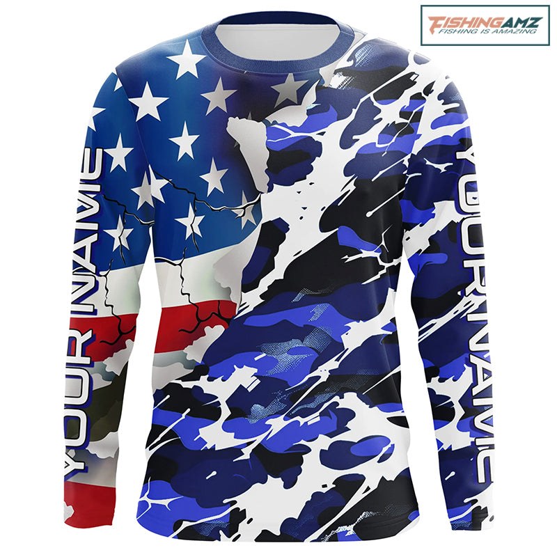 Custom American Flag Blue Camo Long Sleeve Shirts, Patriotic Performance Fishing Shirts IPHW6535