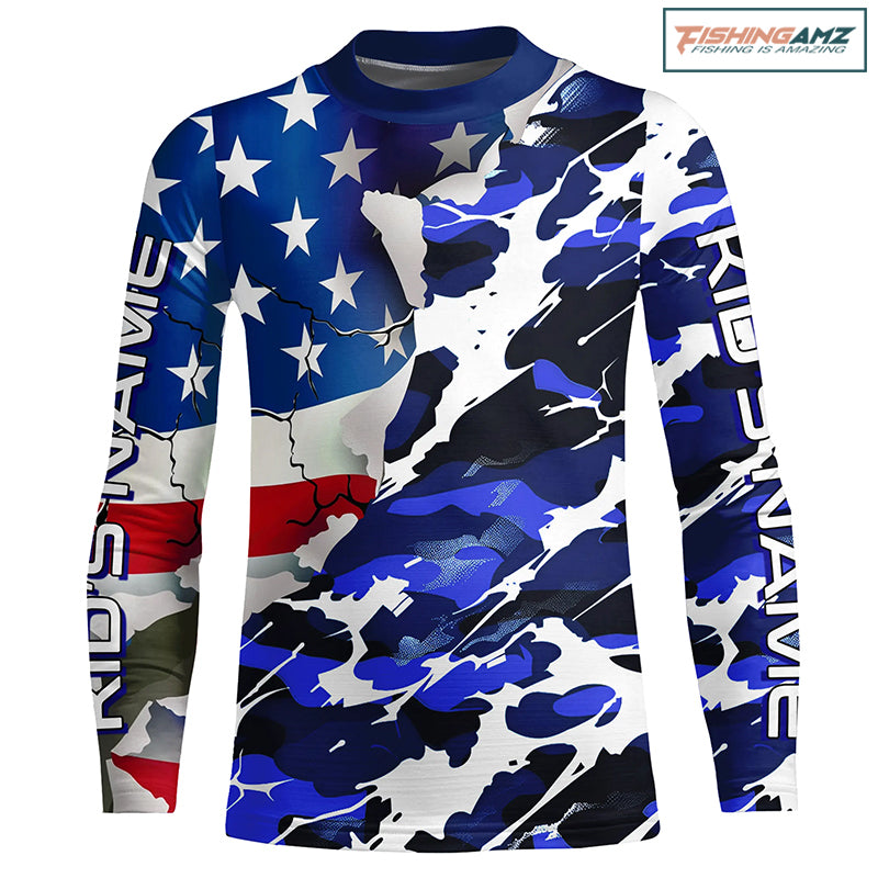 Custom American Flag Blue Camo Long Sleeve Shirts, Patriotic Performance Fishing Shirts IPHW6535
